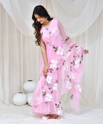 Pink Organza Hand Painted Gown Saree Without Blouse 4
