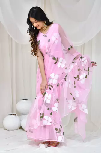 Pink Organza Hand Painted Gown Saree Without Blouse