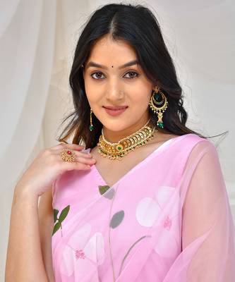 Pink Organza Hand Painted Gown Saree Without Blouse 5