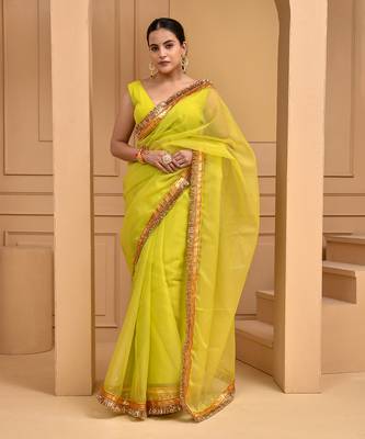 Lime green gota saree with stiched blouse 1