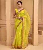 Lime green gota saree with stiched blouse