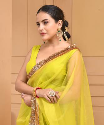 Lime green gota saree with stiched blouse 2