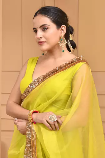 Lime green gota saree with stiched blouse