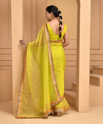Lime green gota saree with stiched blouse 3