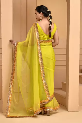 Lime green gota saree with stiched blouse
