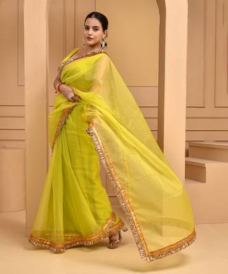 Lime green gota saree with stiched blouse 4