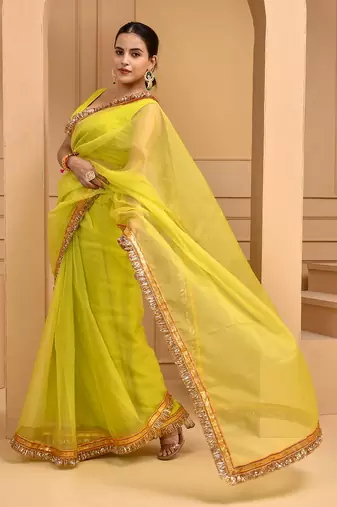 Lime green gota saree with stiched blouse