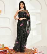 Black Organza Hand Painted Saree Without Blouse