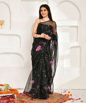 Black Organza Hand Painted Saree Without Blouse 2
