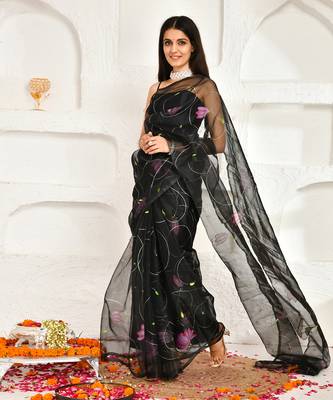 Black Organza Hand Painted Saree Without Blouse 4