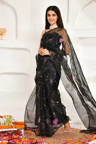 Black Organza Hand Painted Saree Without Blouse