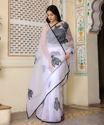 White Hand Painted Organza Saree Without Blouse 1