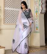 White Hand Painted Organza Saree Without Blouse