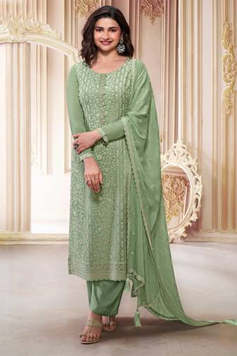 Sea green chinnon thread embroidered semi-stitched suit