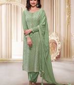 Sea green chinnon thread embroidered semi-stitched suit