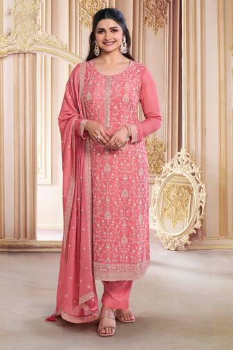 Light peach chinnon thread embroidered semi-stitched suit