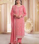 Light peach chinnon thread embroidered semi-stitched suit