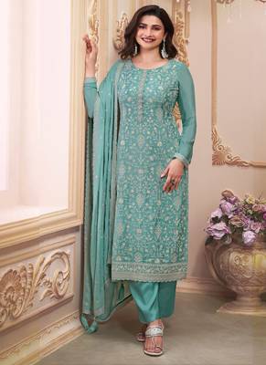 Aqua blue chinnon thread embroidered semi-stitched suit 1