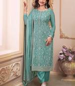Aqua blue chinnon thread embroidered semi-stitched suit