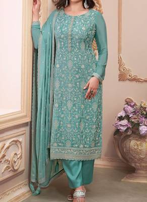 Aqua blue chinnon thread embroidered semi-stitched suit 2