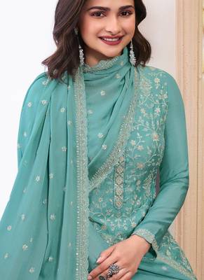 Aqua blue chinnon thread embroidered semi-stitched suit 3
