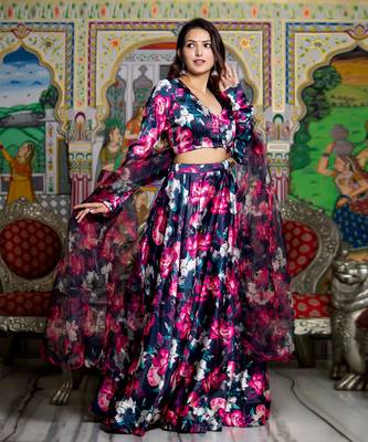Black Satin Floral Printed Lehenga Set With Blouse and Dupatta 1