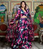 Black Satin Floral Printed Lehenga Set With Blouse and Dupatta
