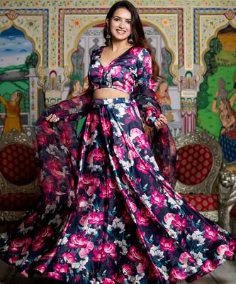 Black Satin Floral Printed Lehenga Set With Blouse and Dupatta 2