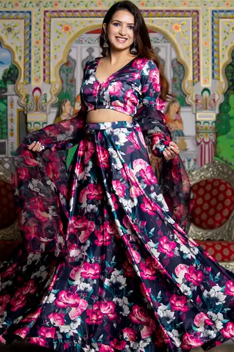 Black Satin Floral Printed Lehenga Set With Blouse and Dupatta