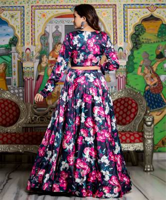 Black Satin Floral Printed Lehenga Set With Blouse and Dupatta 4