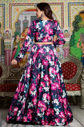 Black Satin Floral Printed Lehenga Set With Blouse and Dupatta