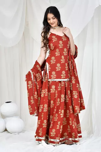 Maroon Cotton Printed Lehenga Set With Kurta