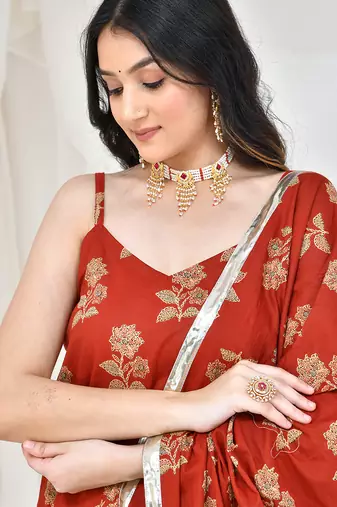 Maroon Cotton Printed Lehenga Set With Kurta