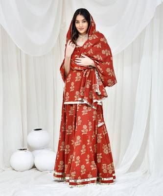 Maroon Cotton Printed Lehenga Set With Kurta 4