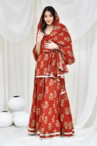Maroon Cotton Printed Lehenga Set With Kurta