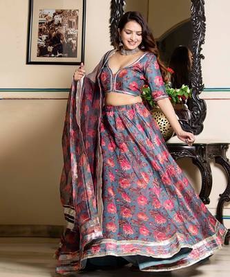 Grey Floral Printed Chanderi Lehenga Set With Blouse 1