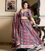 Grey Floral Printed Chanderi Lehenga Set With Blouse