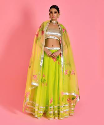 Lime Green Organza Hand Printed Lehenga Set With Blouse 1