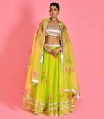 Lime Green Organza Hand Printed Lehenga Set With Blouse