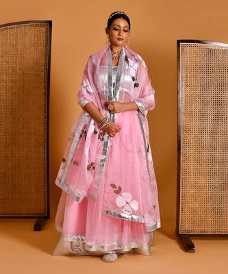 Pink Organza Hand Painted Lehenga Set With Blouse 1