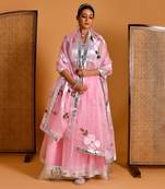 Pink Organza Hand Painted Lehenga Set With Blouse