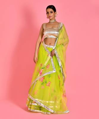 Lime Green Organza Hand Printed Lehenga Set With Blouse 2