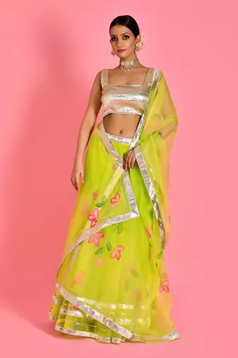 Lime Green Organza Hand Printed Lehenga Set With Blouse