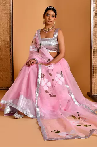 Pink Organza Hand Painted Lehenga Set With Blouse