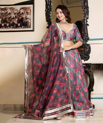 Grey Floral Printed Chanderi Lehenga Set With Blouse 3