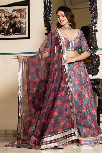 Grey Floral Printed Chanderi Lehenga Set With Blouse