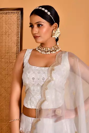 Smoky White Gota Embellished Lehenga Set With Blouse