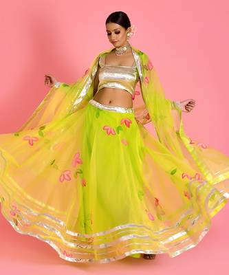 Lime Green Organza Hand Printed Lehenga Set With Blouse 3