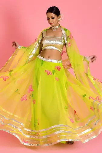 Lime Green Organza Hand Printed Lehenga Set With Blouse