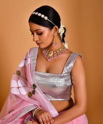 Pink Organza Hand Painted Lehenga Set With Blouse 3